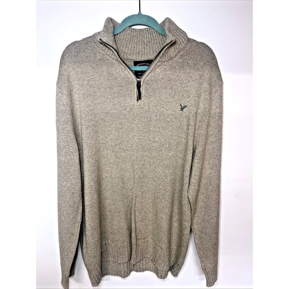 American Eagle Quarter Zip Knit Sweater Mens XXL Oatmeal Heather‎ Cotton